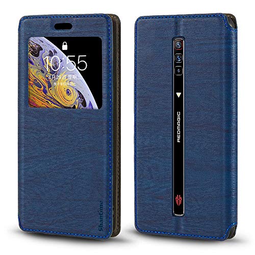 Shantime ZTE Nubia Red Magic 6 Pro Case, Wood Grain Leather Case with Card Holder and Window, Magnetic Flip Cover for ZTE Nubia Red Magic 6, Blue