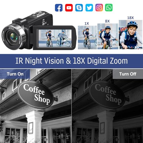 Video Camera Camcorder HD 4K 80MP with IR Night Vision, 18X Digital Zoom Webcam Video Recorder, 3.0 Inch 270 Degree Rotation IPS Screen Vlogging Camera for YouTube with Two Batteries, and 32GB SD Card - Image 4