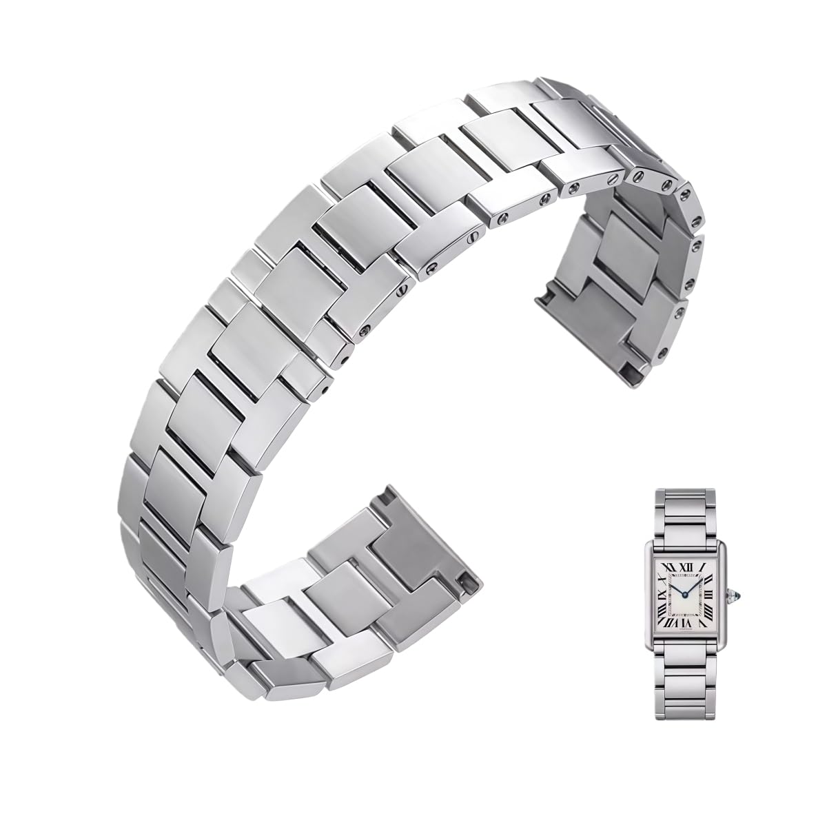 Bracelet Montre Acier Inoxydable Bracelet Métal Maillons Massif Rechange 16mm 17.5mm 23mm pour Cartier Tank