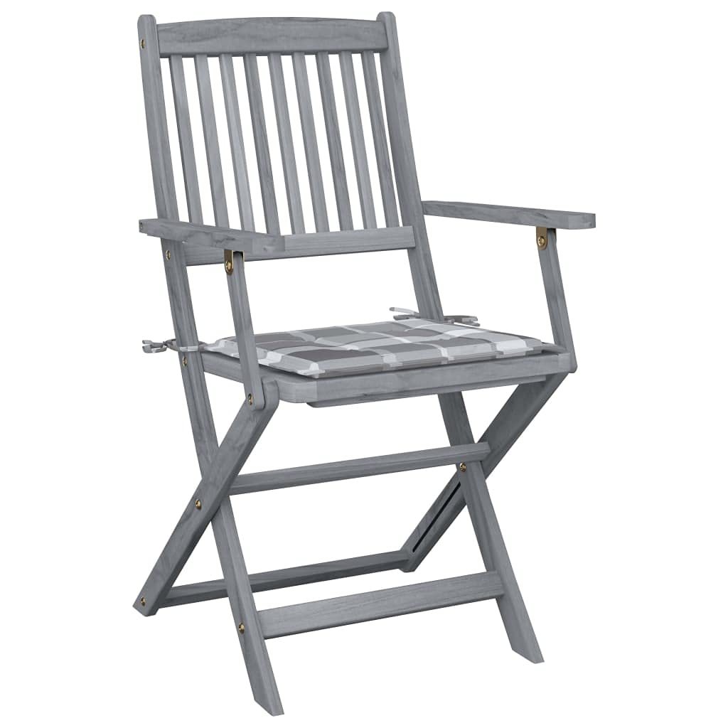 Lot de 2 chaises de jardin pliantes en bois d'acacia laqué gris avec coussin