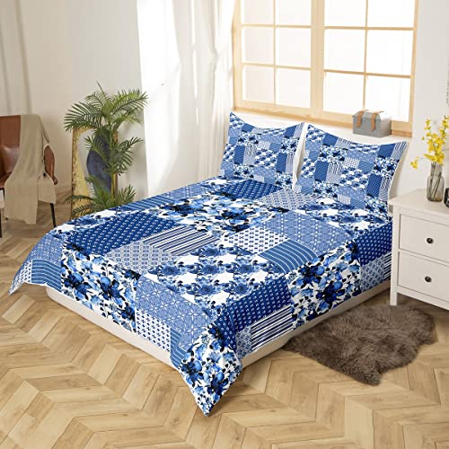 Navy Blue Flowers Patchwork Bedding Set King Size,Country Floral Plant Print Duvet Cover Set for Children Bedroom Present Stripes Geometric Plaid Microfiber Comforter Cover with 2 Pillowcases - Image 3