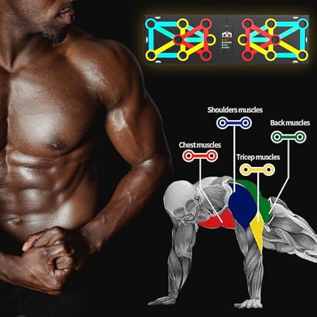 Multi-Functional Push-Up Plate with 4 Color Zones and 16 Holes. Portable and Foldable Push-up Board with Handle for Muscle Building and Strength Training