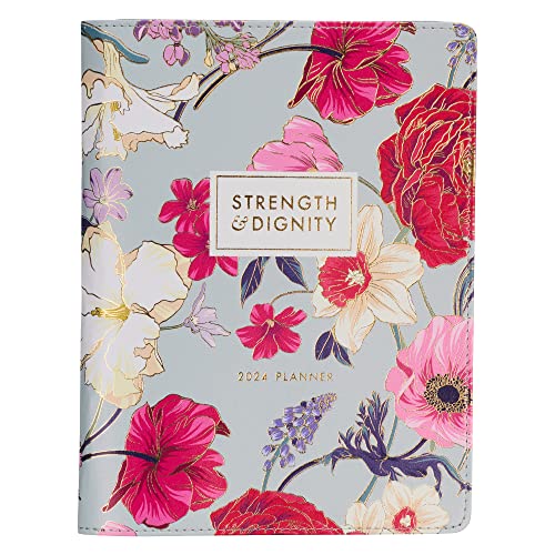 Christian Art Gifts 2024 18 Month Women's Large Vegan Leather Personal Planner Organizer w/Zipper Closure: Strength & Dignity Bible Verse for Daily, Weekly, Monthly Planning, Pink & Blue Multi Floral image 3
