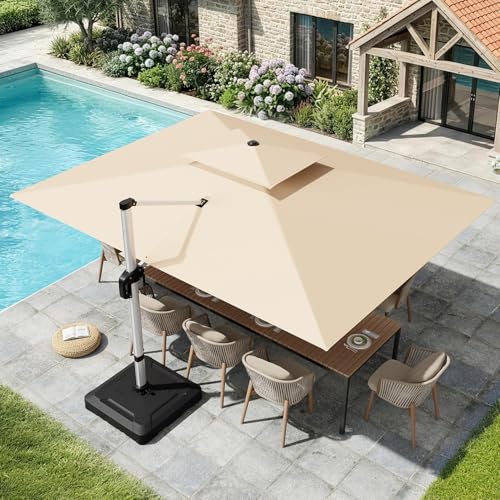 UDPATIO Sonnenschirm 300 x 400 cm Rechteckig mit Ständer, Ampelschirm Groß Aluminium, Marktschirm - Doppeldach, Gartenschirm 360° mit Kurbel, Balkonschirm, Sonnenschutz UV50+, Champagner Wasserdicht