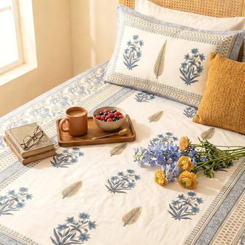 Image of Naksh Bedsheet for Double Bed King Size Blue Floral Block Print 2 Pillow Covers | Block-Print Inspired Design | Ornate Borders Heritage Craft in Bed Sheet Double Bed | Royal Sajawat Collection |