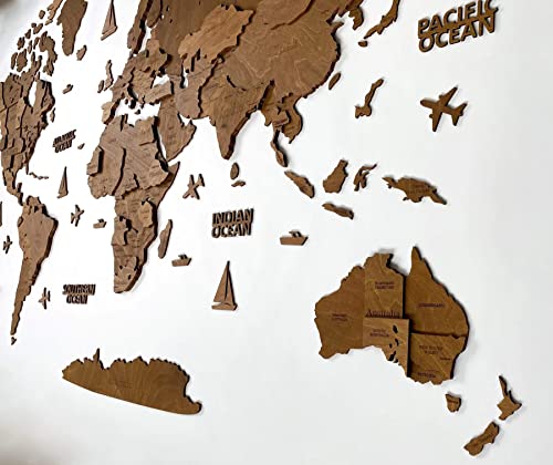 WoodLeo Mapa del mundo de madera 3D Art Decoración de Pared Grande - Talla (M, L, XL) Idea de Regalo para Cualquier Ocasión - Arte de Pared para Casa, Cocina u Oficina