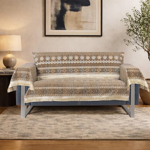 Image of Elegant Woven Brown Sofa Cover Soft Chenille Traditional Pattern with Lace Style | L-Shape Sectional Seat Protector for Living Room | Durable & Stylish Slipcover 2 Seater with Arms