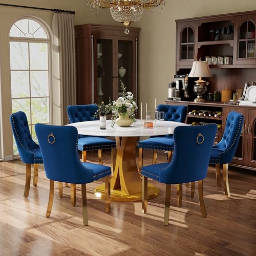 Image of 7-Piece Dining Table Set with 47In Faux Marble Table and 6 Velvet Upholstered Chairs, Modern Scandinavian Furniture for Dining Room Kitchen(Blue&Gold)