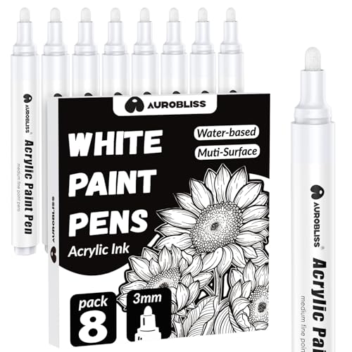 Aurobliss Marqueur Blanc indelebile 2-3mm, 8 Stylo Feutre Blanc pour Verre, Ardoise, Metal, Bois, Galets, Pneus Marqueur Feutre Acrylique Permanent Pointe Large