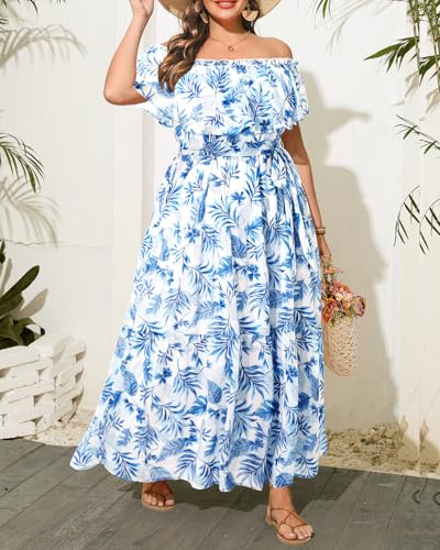 Image of Plus Size Chiffon Off The Shoulder Maxi Long Floral Summer Casual Beach Boho Sundress Women 2024