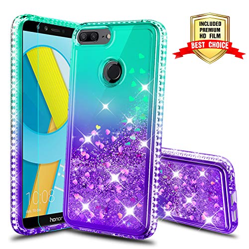Atump Funda Honor 9 Lite Glitter Fundas Líquido Silicona TPU Antichoque Fundas de teléfono + Protector de Pantalla HD para teléfonos móviles Huawei Honor 9 Lite Green/Purple