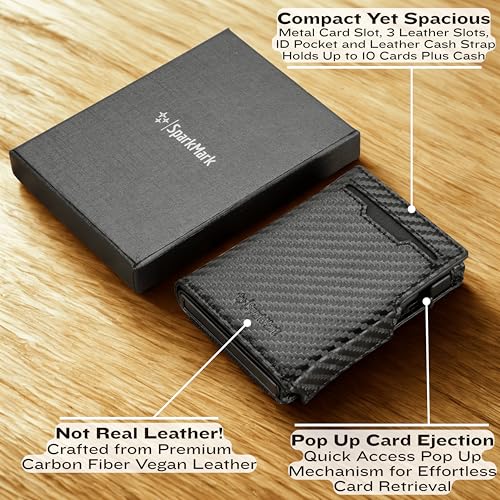 Image of Minimalist Pop Up Wallet for Men | RFID Blocking Credit Card Holder Wallet with Money Clip | Mens Wallet Slim Bifold Front Pocket Metal Case with Gift Box, Carbon Black, 0.9 x 2.8 x 3.8