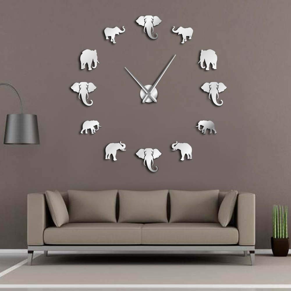 SZG Jungle Animals Elephant DIY Large Wall mirror Home Decor Modern Design Mirror Effect Giant Frameless Elephants DIY Clock (Silver, 27")