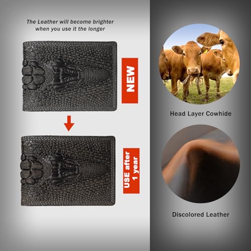 Image of Men's Top Grain Leather Wallet with Crocodile 3D Print | 8 Card Slots Bifold Wallet | RFID Protected (Black)