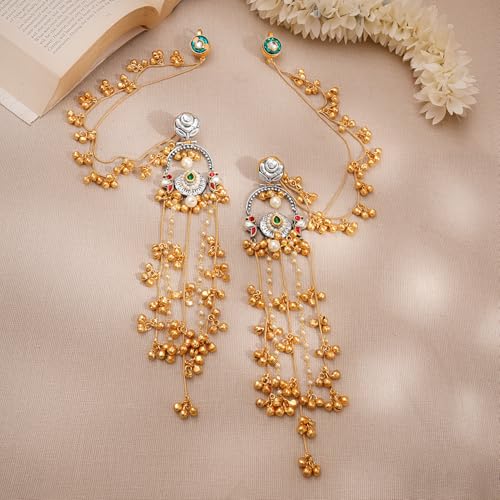 Image of Rubans Long Jhumka Earrings with Ear Chain Pearl Beaded Traditional Wedding Jewellery Gift for Women & Girls