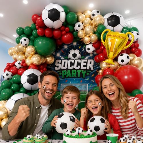 Image of Soccer Party Decorations 160Pcs, World Soccer Balloon Garland Arch Kit with 18'' Football Foil Balloons, Green and Red Football Print Balloons for Boys Sports Fan Birthday Soccer Party Decor
