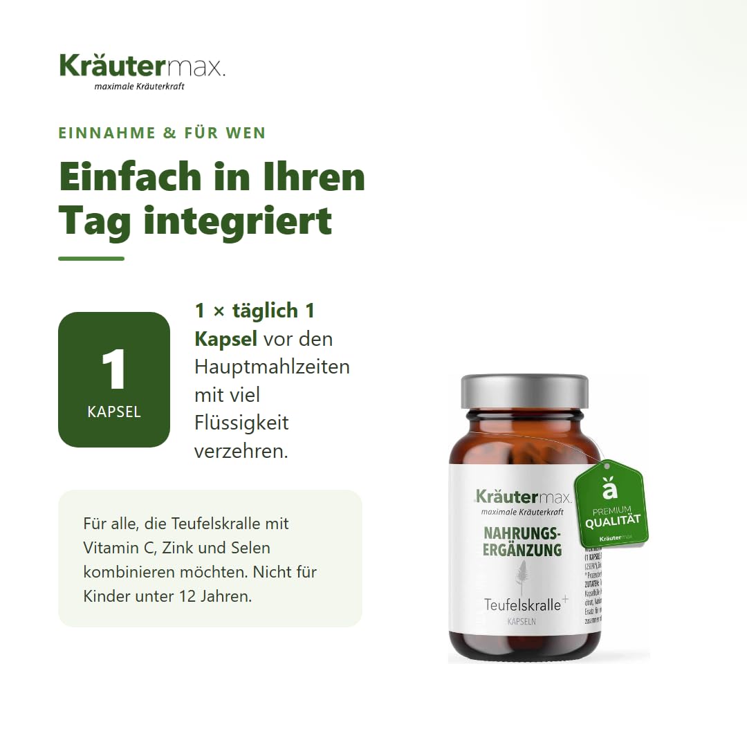 Kräutermax Teufelskralle Kapseln Hochdosiert, Afrikanische Teufelskralle mit Vitamin C, Zink & Selen, Natürlich, 60 Kapseln