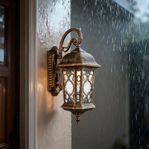 Image of Retro Brass Waterproof Outdoor Wall Light with Water Glass | Exterior Wall Sconces Dimmable, Quick & Easy Installation for Garage Porch Doorway