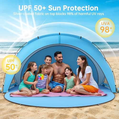 Image of Raynesys Beach Tent Sun Shelter, Sun Shelter for 1-6 Person, Beach Shade Tent, Beaches Shade with 2 Zippered Doors, Portable Tents for Camping Fishing, Blue