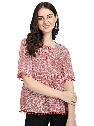 Image of Women Pure Cotton Red Geometric Print Tie-Up Neck Peplum Top