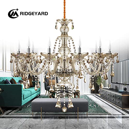 Ridgeyard 10-Light Crystal Chandelier Cognac/Champagne Modern Chandelier K9 Crystal Candle Pendant Ceiling Lighting Fixture, Chandeliers For Dining Room Home Decor #TOP2