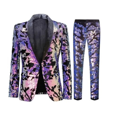 Men Sequins Wedding Suit Single Breasted Blazers Pants Set Groom Banquet Prom Suits Purple L