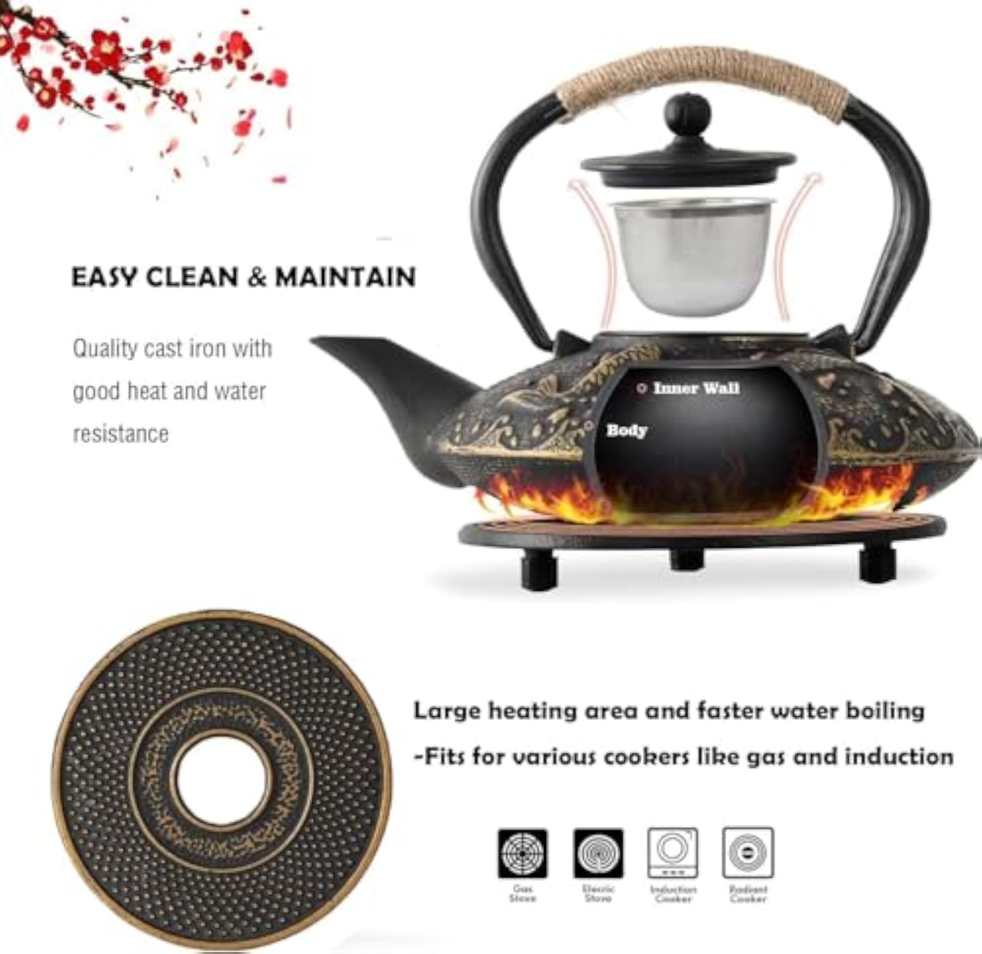 Cast Iron Teapot Set with 4 Cups & Infuser, 750ml