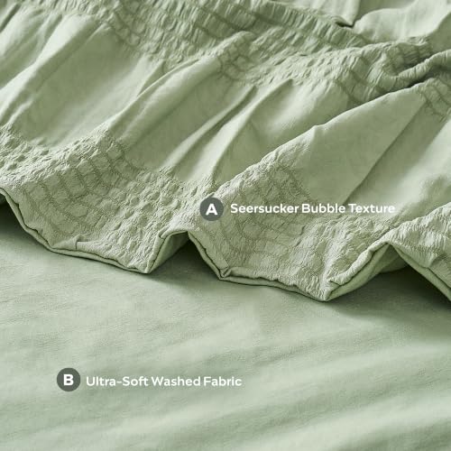 Image of JELLYMONI Light Green Duvet Cover Full Size, 3pcs Washed Microfiber Bedding Set, Soft Breathable Wide Seersucker Duvet Cover Set with Zipper Closure and Corner Ties for All Seasons