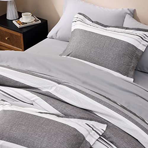 Image of Bedsure King Comforter Set 7 Pieces, Frost Grey Striped Bedding Set for All Seasons, Reversible, Cationic Dyeing Bed in a Bag with Comforter, Sheets, Pillowcases & Shams