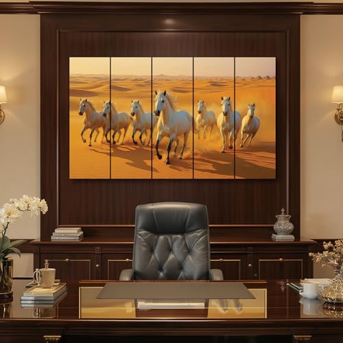 Image of The Castle Decor Running Horses with Rising Sun Vastu Painting | Wooden Frame Multi-Panel Wall Art for Living Room (Multi Color - Design 9, 36x60 Inch)