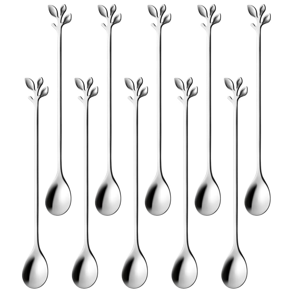 AnSaw 10-Piece 7.4" Long Handle Teaspoons - Silver Leaf Design for Coffee & Tea Stirring Spoons, Elegant Stainless Steel Stir Spoons