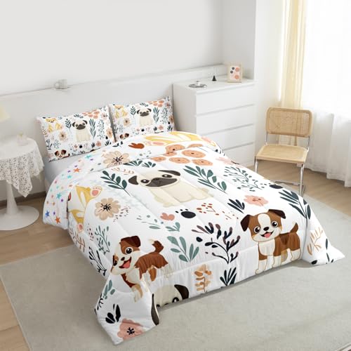 Image of Feelyou Cute Puppy Dog Bedding Set Kids Toddler King, Dog Animal Bedding Set Dogs and Flowers Comforter Set Botanical Plant Duvet Set Durable Quilt Set