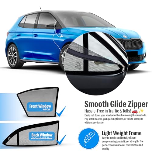 Image of Autofact Magnetic Car Sunshades Compatible with Skoda Fabia (Set of 4) - Easy Installation, UV Protection, Keeps Car Cool (Front 2 Half-Cut for Side Mirror Visibility, Rear 2 with Zippers)
