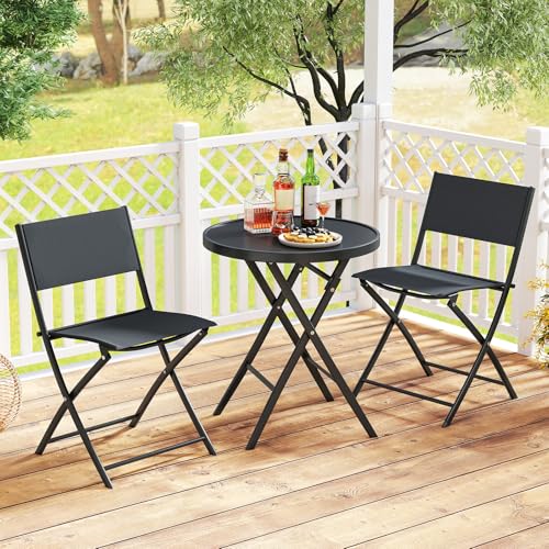 GOPLUS Salon de Jardin Exterieur 2 Personnes, Salon de Balcon Bistro avec Table en Verre Trempé et 2 Chaises, avec Cadre Métallique pour Terrasse, Jardin et...