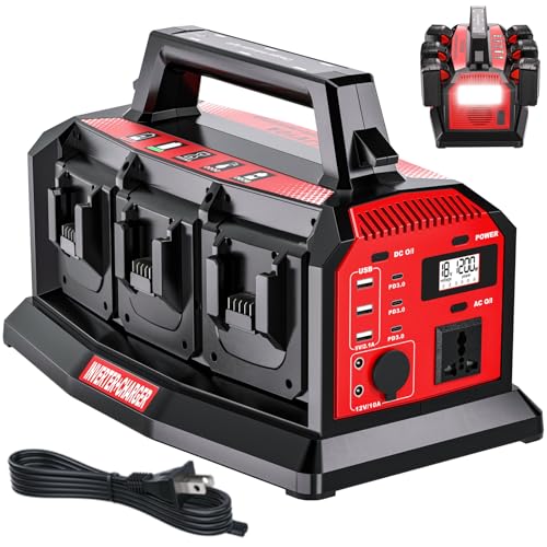 1200W Integrated Power Inverter with 6A Fast Charger, 6 Ports for Milwaukee M18 Battery, Portable...