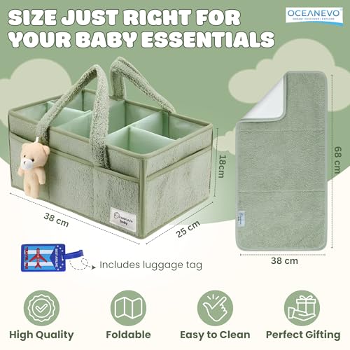 Image of OCEANEVO Fur Diaper Caddy Organizer Bag | WITH Diaper Changing Mat, Bag Charm and Luggage Tag | New Born Baby Essentials | For Mothers for Travel - 38 x 25 x 18 cm - Green - 1 Year Warranty