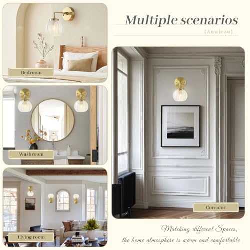 Image of Vintage wall sconces Glass Wall Sconces with Ribbed Clear Globe Glass Shade Gold wall Sconce Modern Vanity Light Bathroom wall sconces Over Mirro Wall lamp for Bedroom Hallway Living Room
