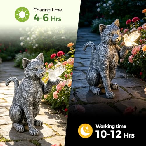 Autumnswan Solar Cat Garden Outdoor Statues, Cat Sculpture with Glowing Bird Light, Lawn Decoration, 10 Inches Tall, for Patio, Balcony, Garden, Yard, Birthday Gift for Mom, Grandma and Women - image 3
