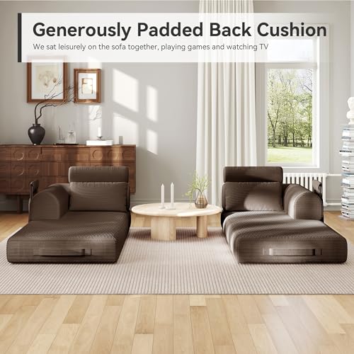 Image of Upgrade High Backrest Design Sofa Bed with Fixed-Shape Frame & Removable Armrests and Backrest, Corduroy Fabric, Convertible Mattress Couch for Small Spaces - No Assembly Needed (Brown)