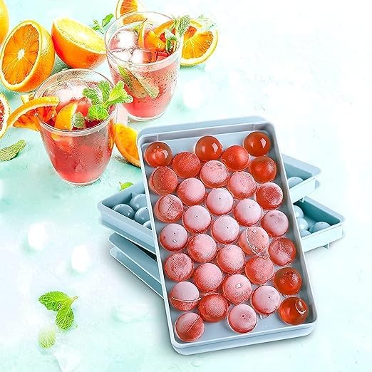 Image of KEMETHY 2-pc Plastic Reusable Flexible Ice Cube Trays, 33 Cavity Mini Round Ice Tray Molds for Whiskey & Cocktails, Keep Drinks Chilled Multicolor (2-33 Ice Plastic Tray)