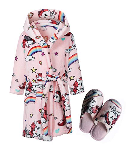 Kids Coral Fleece Robe with Slippers Boys Girls Soft Plush Hooded Bathrobe & Slipper Set Toddlers(Pink,11-12Years)