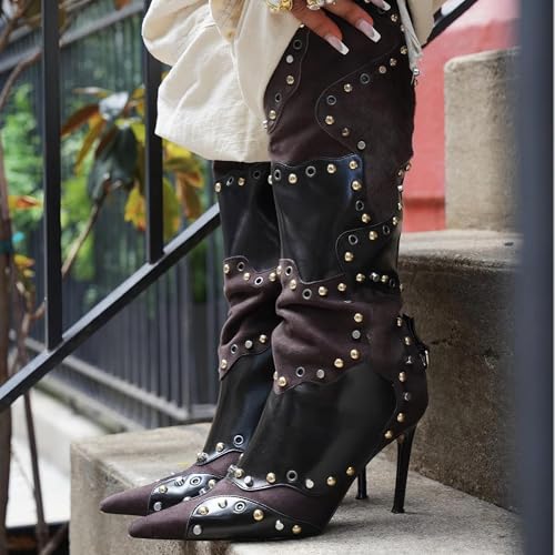Knee High Boots Women Rivets Fall Tall Boots Pointed Toe Stiletto High Heels Side Zipper Party Dress Shoes4