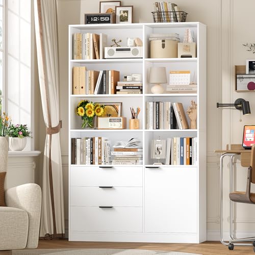 HOCSOK Librería de 180,5 cm de altura, color blanco, con 3 cajones, estantería con puertas, estantería para libros o salones, para estudio, oficina, dormitorio, 28,5 x 103 x 180,5 cm