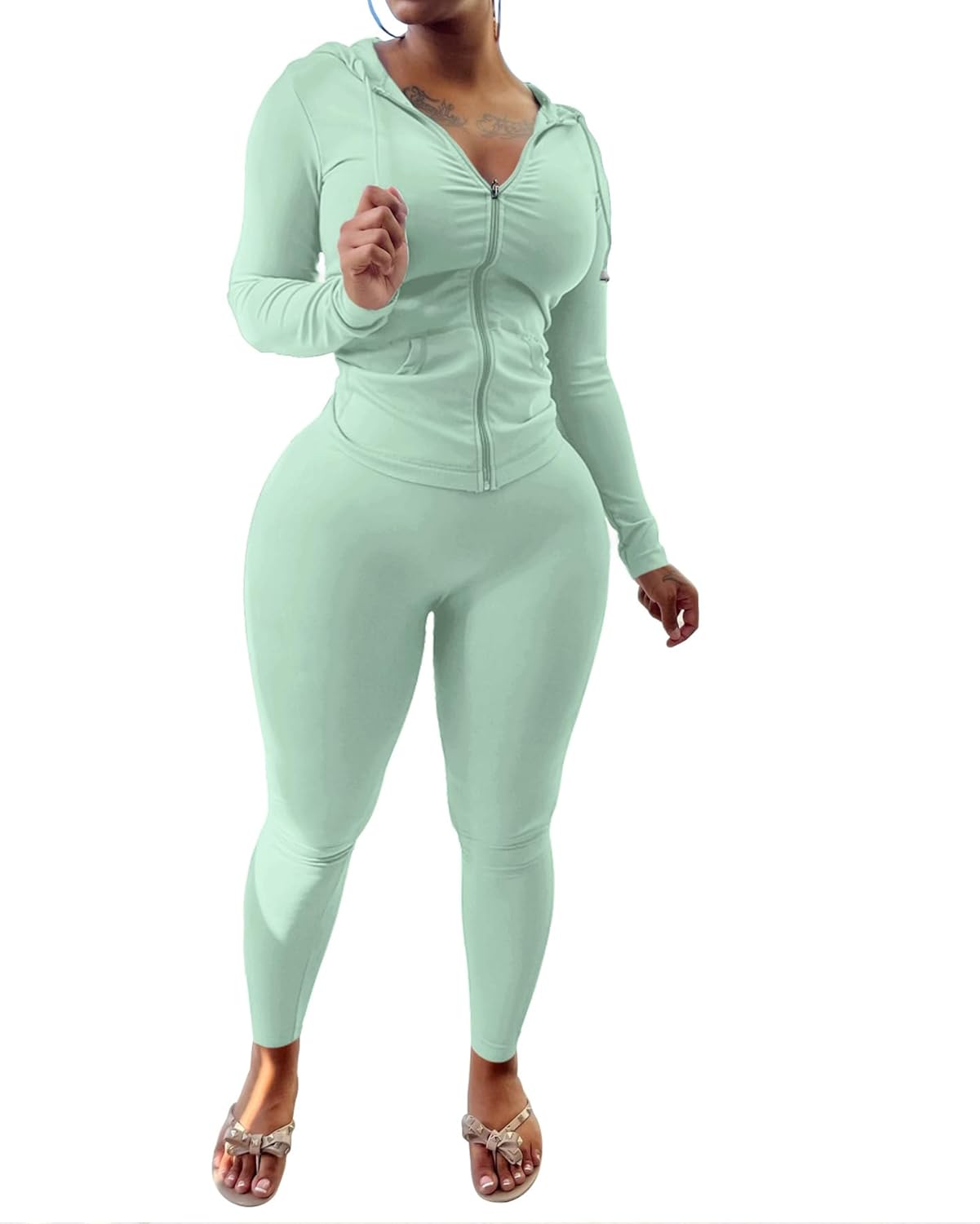 PINSV Women Two Piece Outfits Workout Sets Bodycon Tracksuit Long Sleeve Zip Up Hoodie Jacket Jogger Matching Sweat Pants Set - Image 2