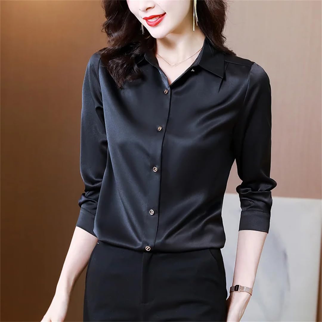 Camisa de seda para mujer, vintage, sólida, para mujer, con botones de metal, manga larga, camisas básicas para mujer