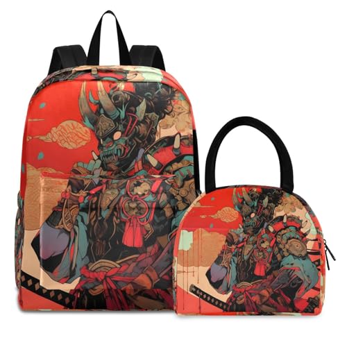 Backpack Lunch Box Set Large Capacity Travel Backpacks and Insulated Lunch Bag for Commute Hiking Picnic Anime Mask Samurai Print