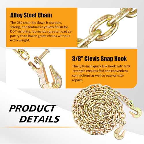 Image of Transport Binder Chain 3 /8 Inch x 16 Foot | Safety /Binder Chain with Clevis Grab Hooks 7100 lbs WLLHeavy Duty Chain for Transporting,Towing,Tie Down and Binding Equipment (3 /8'' x 16FT,Yellow Zinc)