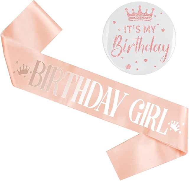 Birthday Sash for Women Birthday Girl Sash It's My Birthday Button Glittery Metal Rose Pin Rose Gold Birthday Satin Sash Party Birthday Girl Badge Decorations Set with Birthday Badge for Woman Girls