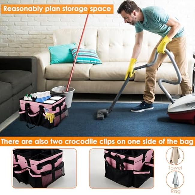Wearable Cleaning Caddy Bag, Organizer Tote for Cleaning Supplies with Handle & Shoulder Straps, Built-in Sturdy Support Board, Under Sink & Car Cleaning Tool Organizers Bag for Housekeeper (Pink)