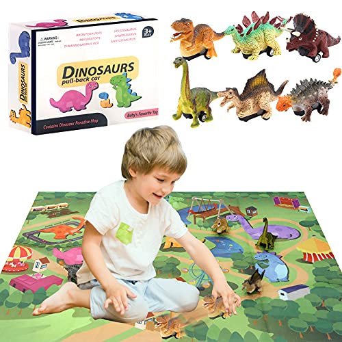 Coche de Juguetes de Dinosaurios, 6pz Coche de Juguete de Dinosaurios Tire hacia Atrás Coches con Mapa, Dinosaurio Coche Alimentado por Fricción para Niños de 3 -14 años Niños y Niñas Cover